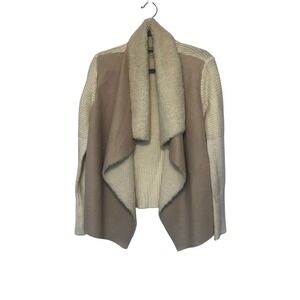 Umgee USA Womens Mixed Media Faux Suede Shearling Knit Draped Cardigan Tan M
